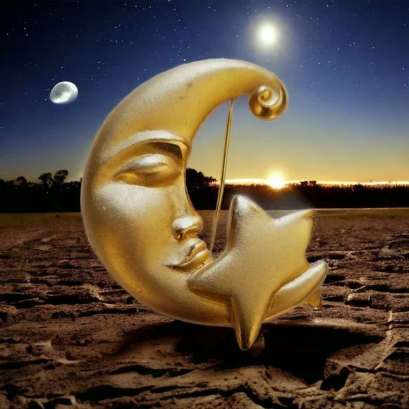 Vintage 1970s Matte Gold Tone Moon and Star Brooch - Picture 1 of 12